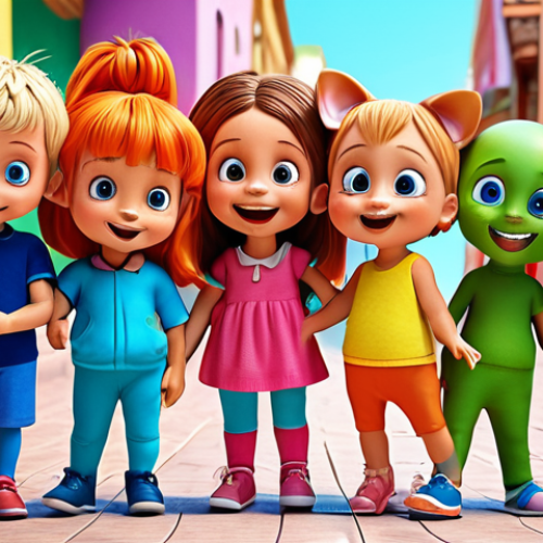 Home 6 **A group of colorful, cute, and innocent Teenieping characters, each with unique features, playing together in a bright and cheerful world, emphasizing friendship and teamwork.**