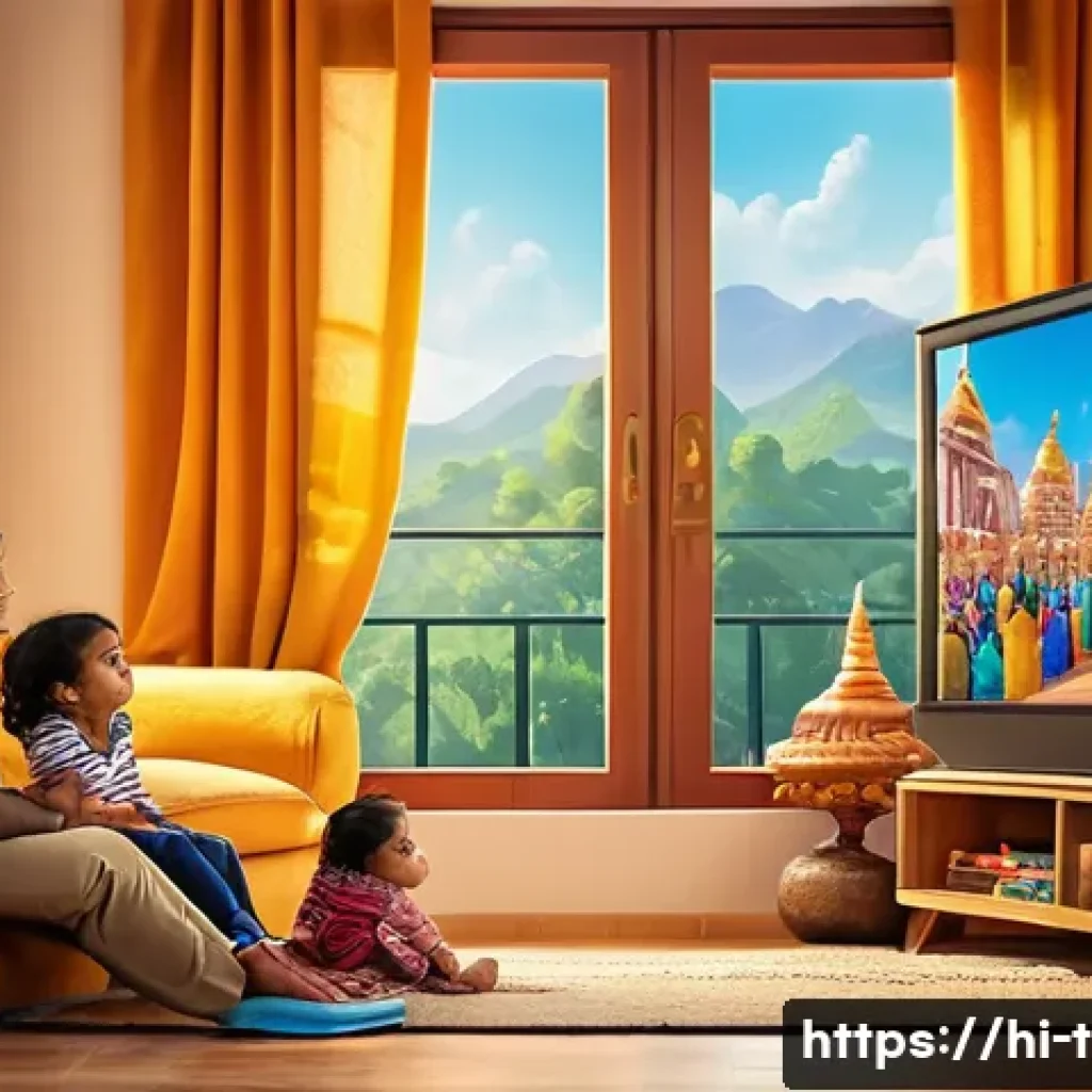 티니핑 국내 방영 채널 - A vibrant and colorful living room scene showing an Indian family watching "TinyPings" cartoons on a...