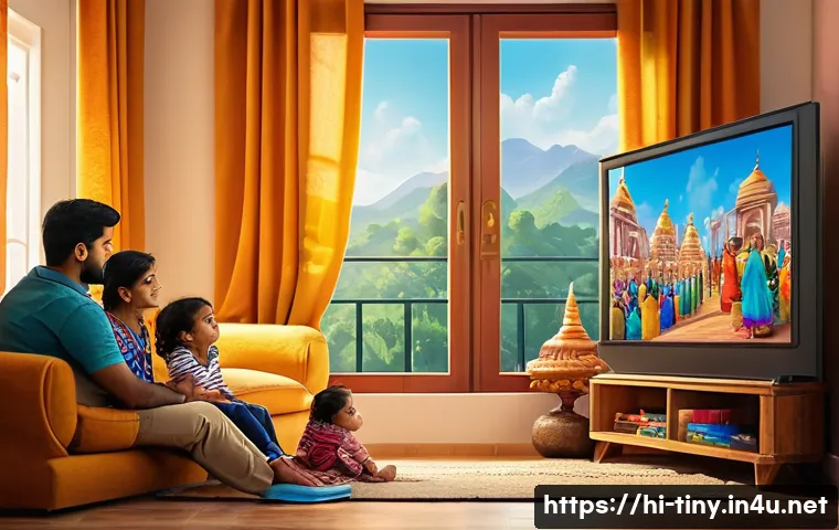 티니핑 국내 방영 채널 - A vibrant and colorful living room scene showing an Indian family watching "TinyPings" cartoons on a...