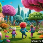 티니핑 인기 장면 분석 - A vibrant and colorful scene featuring playful Tinyping characters in a lush, imaginative garden fil...
