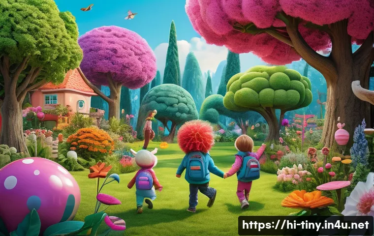 티니핑 인기 장면 분석 - A vibrant and colorful scene featuring playful Tinyping characters in a lush, imaginative garden fil...