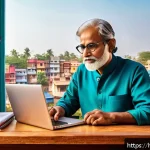 Home 23 티니핑 영어판 대사 감수 방법 - A detailed and vibrant illustration of a Hindi-speaking writer sitting at a wooden desk, deeply focu...