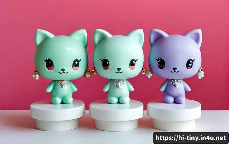 티니핑 한정판 캐릭터 소개 - Photorealistic product showcase of three limited-edition magical kawaii character figurines in paste...