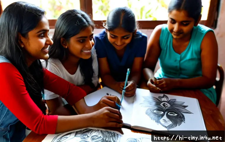 Home 17 티니핑 팬아트 커뮤니티 - Photorealistic cozy community art workshop in India, diverse young adult friends gathered around a l...