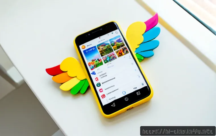 Home 17 티니핑 SNS 상 인기 해시태그 - Photorealistic top-down scene of a smartphone displaying a colorful social media feed with blank ima...